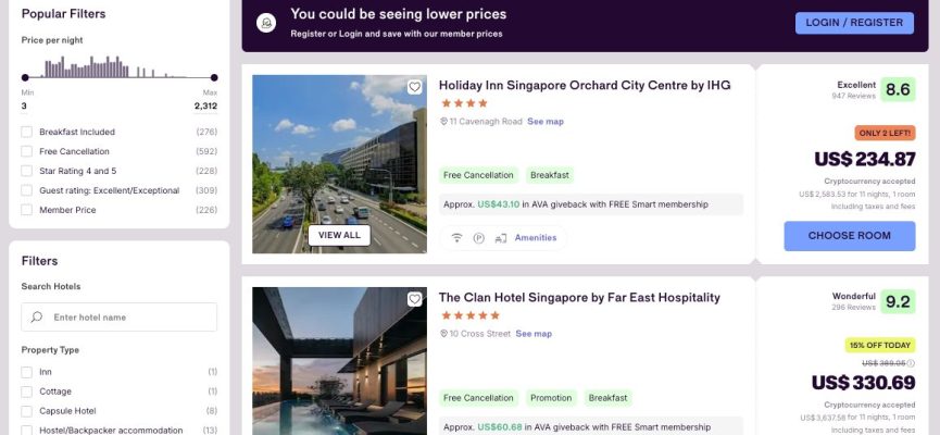 Travala redesigned desktop pages for hotels