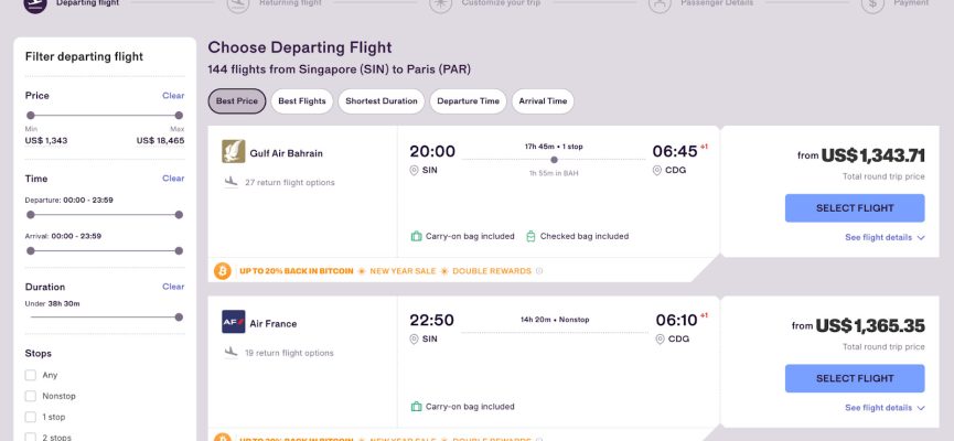 Travala improved flight search pages on desktop